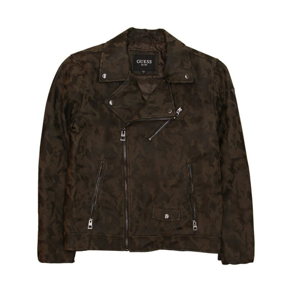 Guess Mens Camo Faux Leather Jacket (Large, Olive Camo)