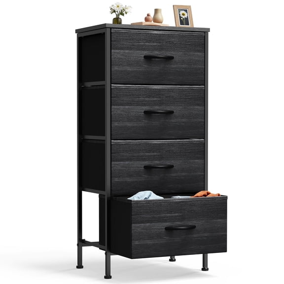 Dresser, Betcozy Storage Organizer with 4 Drawers for Bedroom, Nightstands with Sturdy Metal Frame, Wood Tabletop for LivingRoom, Entryway,Black