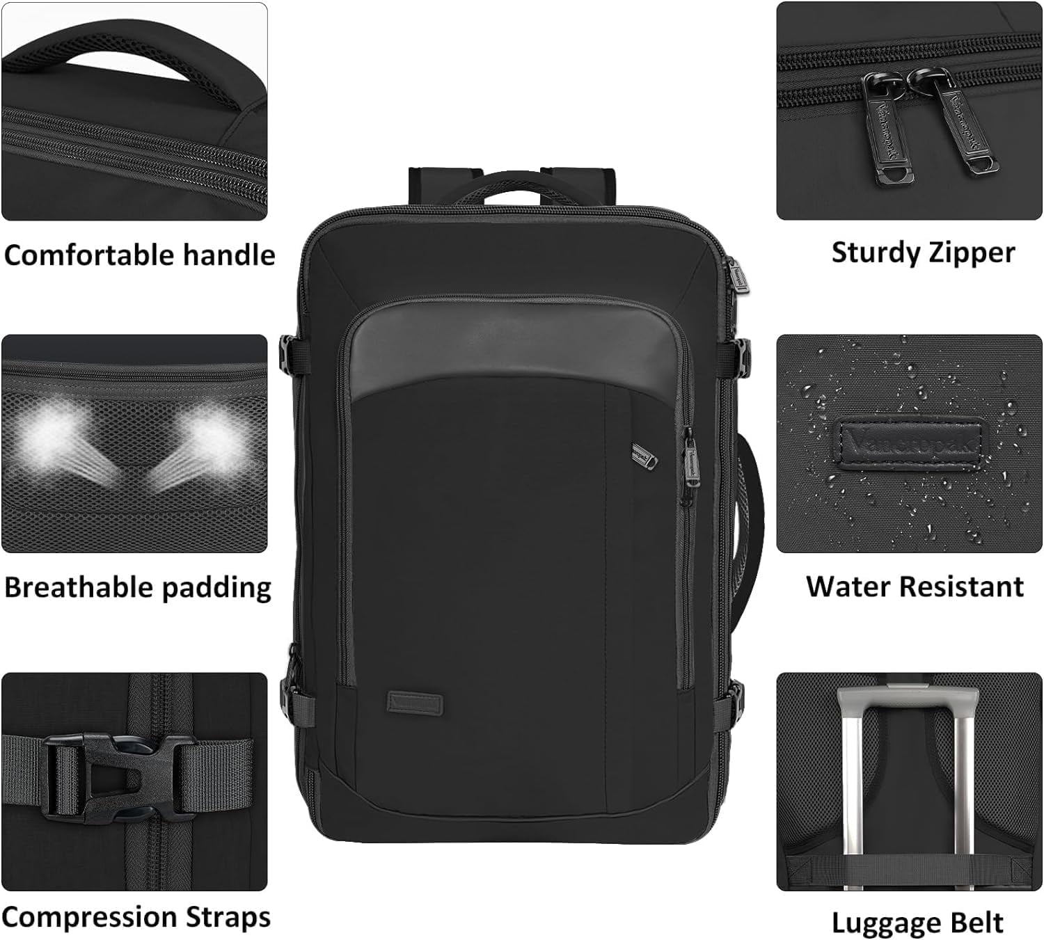 Vancropak Expandable Carry on Backpack for Men Women, 40L Airline Approved Travel Backpacks with 3 Packing Cubes, Black