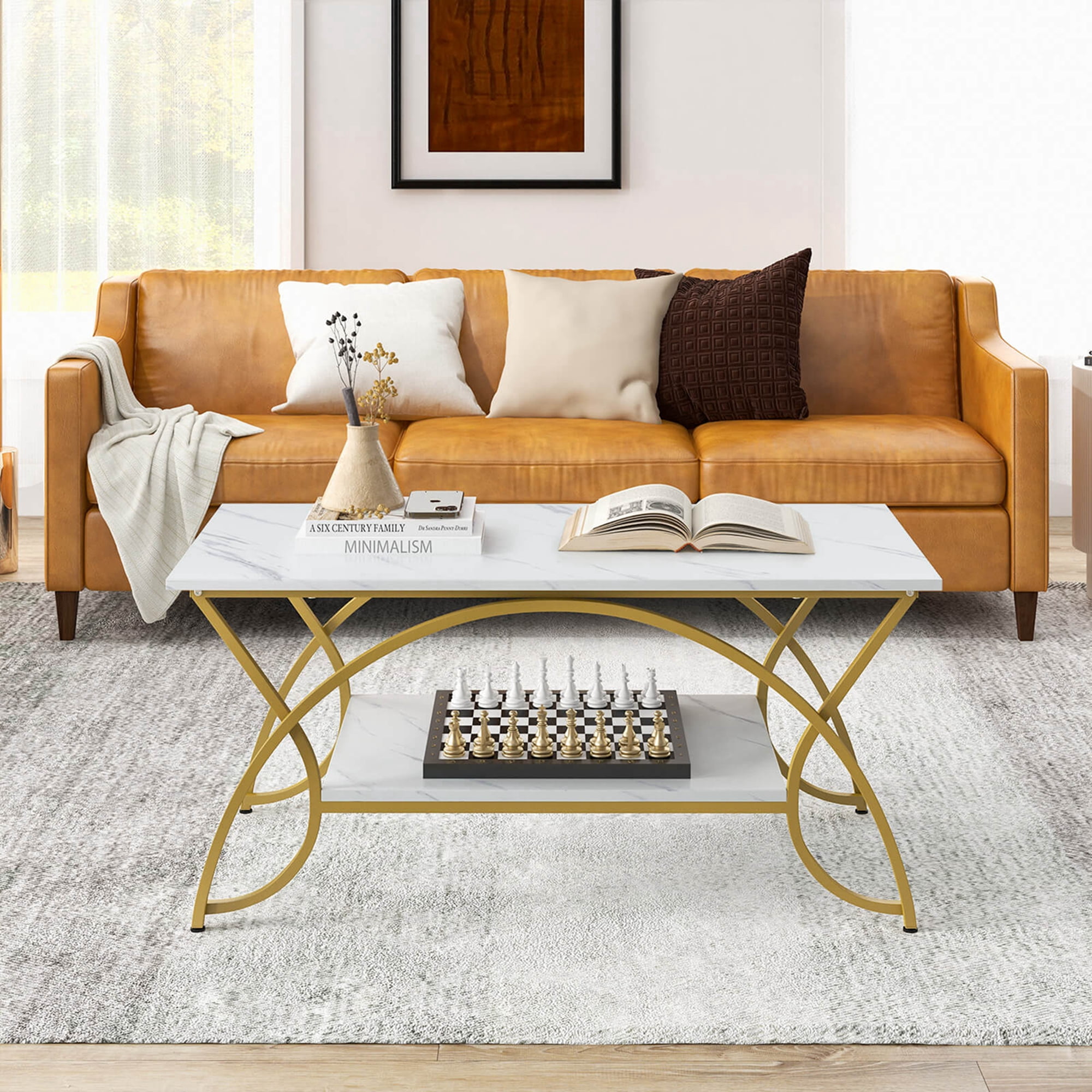 Costway Coffee Table Modern Marble 2-Tier Coffee Table  Gold Rectangle for Living Room