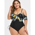 thumbnail image 3 of Rosegal Women Swimwear Plus Size Palm Print Lace Up Ruffled One-piece Swimsuit Black 3X, 3 of 4