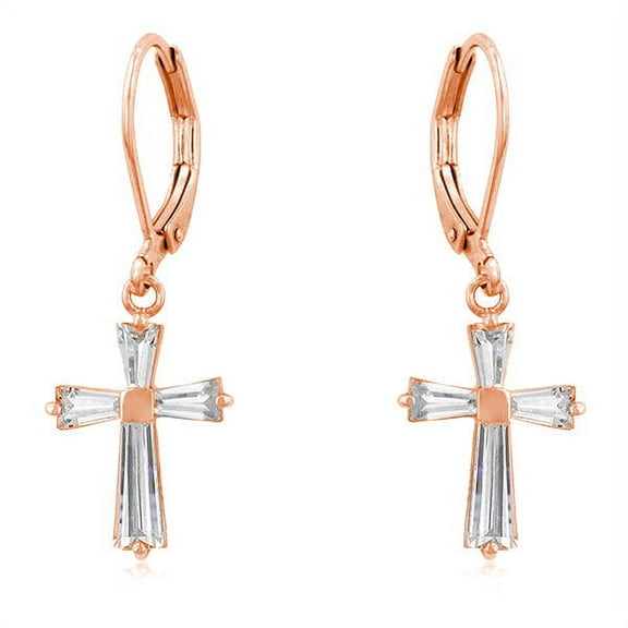 Precious Stars Rose Goldtone Baguette Cubic Zirconia Cross Leverback Earrings