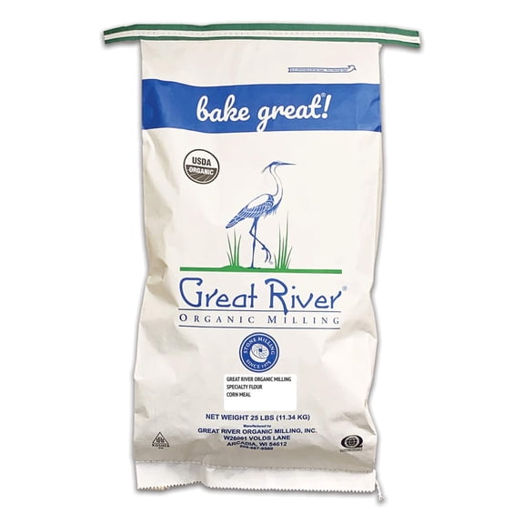 Great River Organic Milling Organic Gluten Free Medium Grind Corn Meal  Hearty Texture for Cornbread, Polenta, Muffins, Pancakes & Baking  USDA Organic, Non-GMO, Kosher  25 Lb Pack of 1