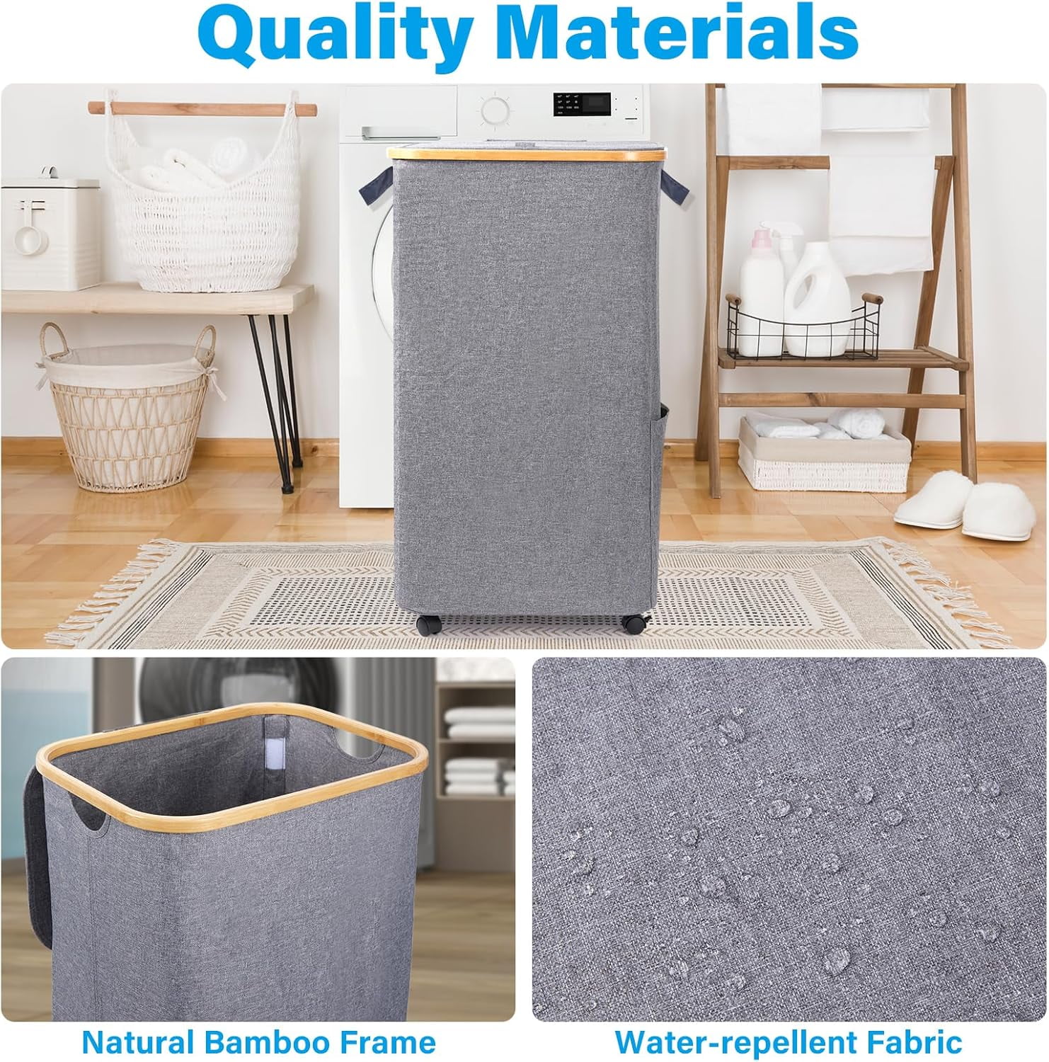 Large Laundry Basket with Wheels,100L Hampers for Laundry,Freestanding Laundry Hamper with Lid and Bamboo Handles,Collapsible & Waterproof Tall Cloth Hamper for Dorm Family（Grey）