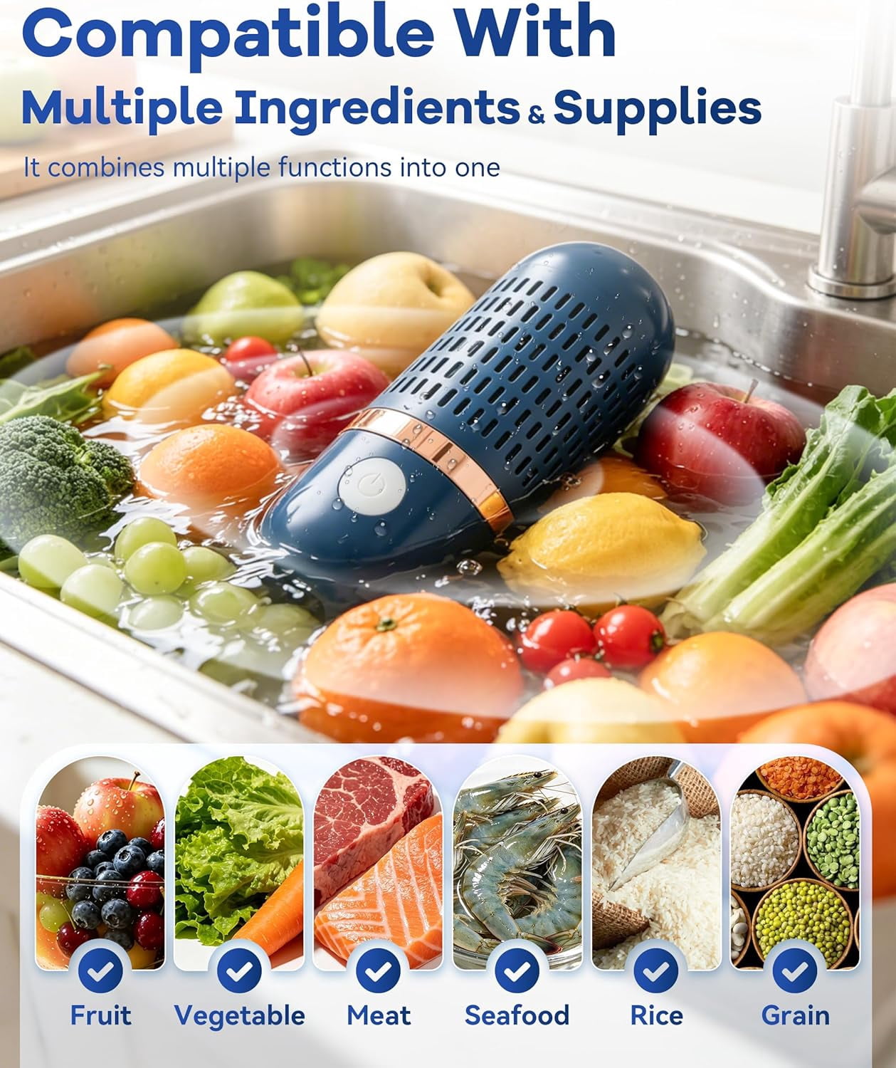 PUREPOD Produce Cleaner,Fruit and Vegetable Purifier Cleaner Washing Machine,Compact Kitchen Purifier,Portable Mini Ultrasonic Dishwasher,Ipx7 Waterproof,Oh-Ion Technology,Bule