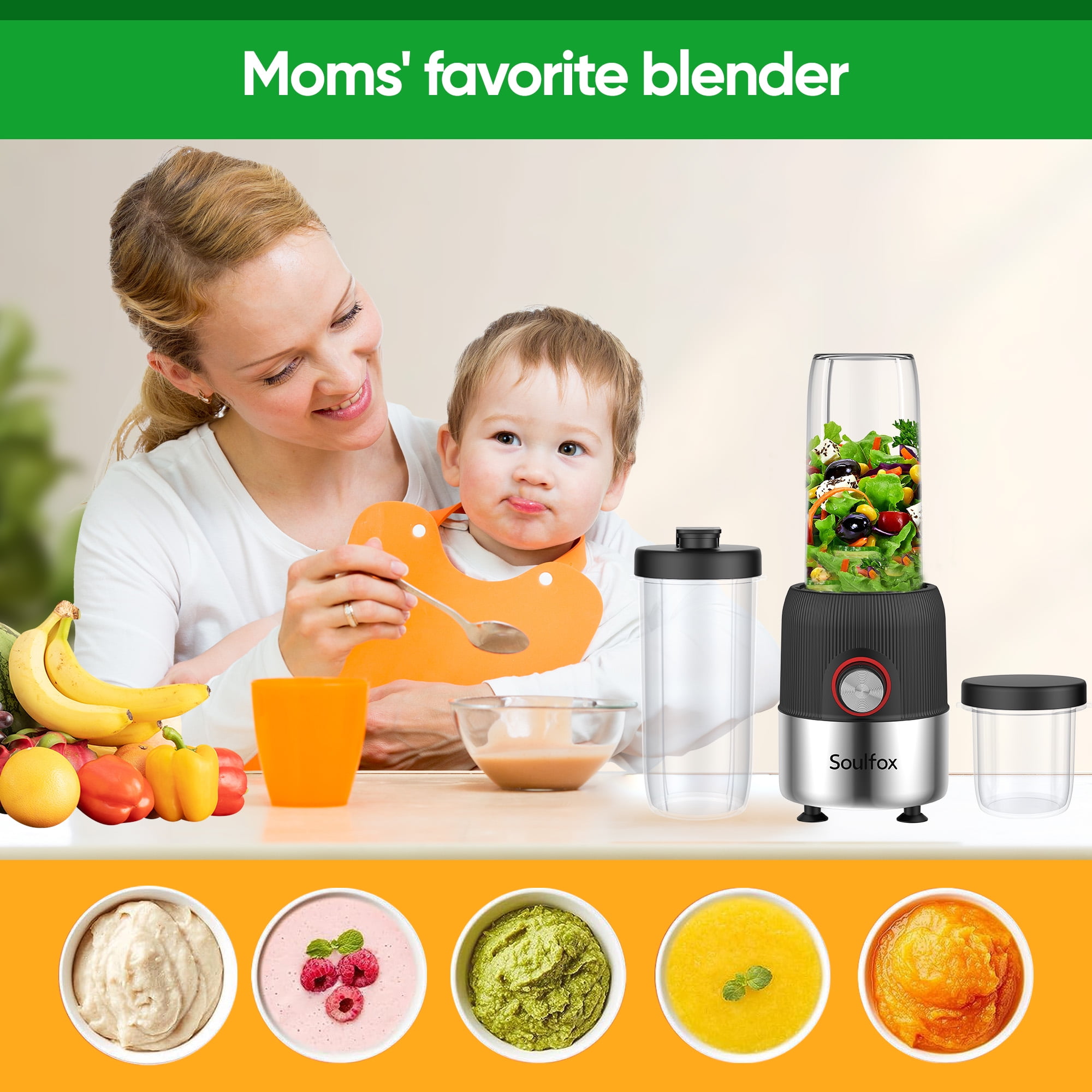 Soulfox Personal Blender for Smoothies 500W Portable Mini Corded 4 Blades 23oz Juicer 7oz Grind Cup