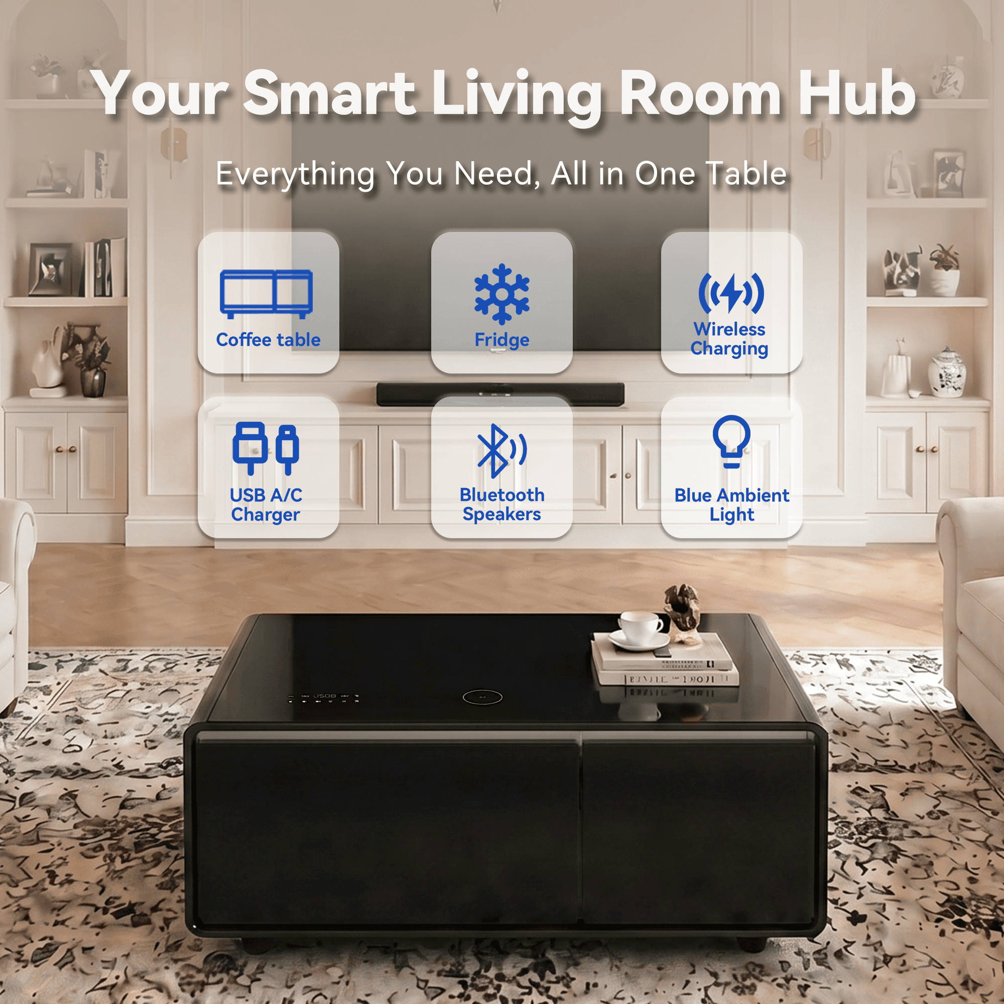 LIVTAB Smart Coffee Table, 23" D x 41.5" W x 18.1" H, Living Room Table with Built in Fridge and Speakers, Smart Table with 15W Wireless Charging, USB Chargers and 110V Outlets, Black