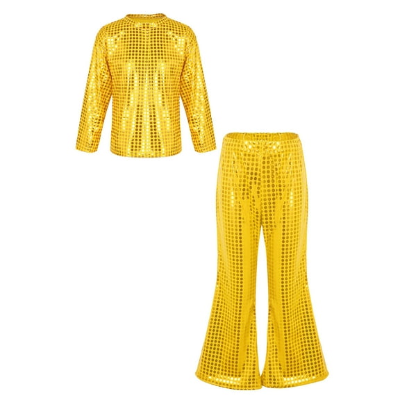 Alvivi Kids Boys Girls Shiny Crop Tops with Bell Bottom Pants for Hip Hop Jazz Party Performance Gold 9-10