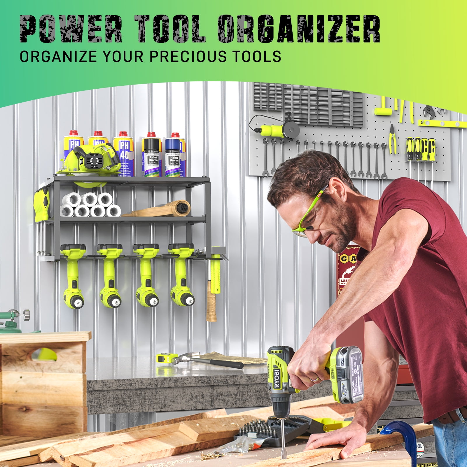 Yeabett Power Tool Organizer, 3 Layers Storage Rack with 4 Drill Holders, Heavy Duty Metal Floating Tool Shelf Garage Wall Mounted, 150Lbs Load Capacity