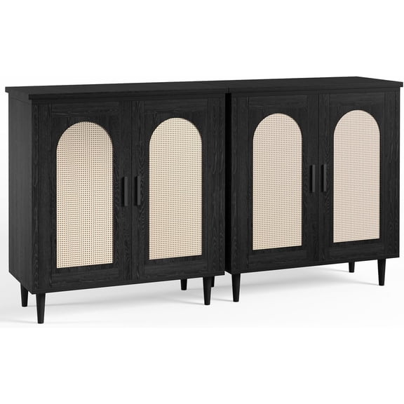 Acekid 2PC Rattan Buffet Cabinet with Storage,Sideboard Cabinet with 2 Doors and Adjustable Shelves,Boho Wood Cupboard for Livingroom,Dining Room,Black