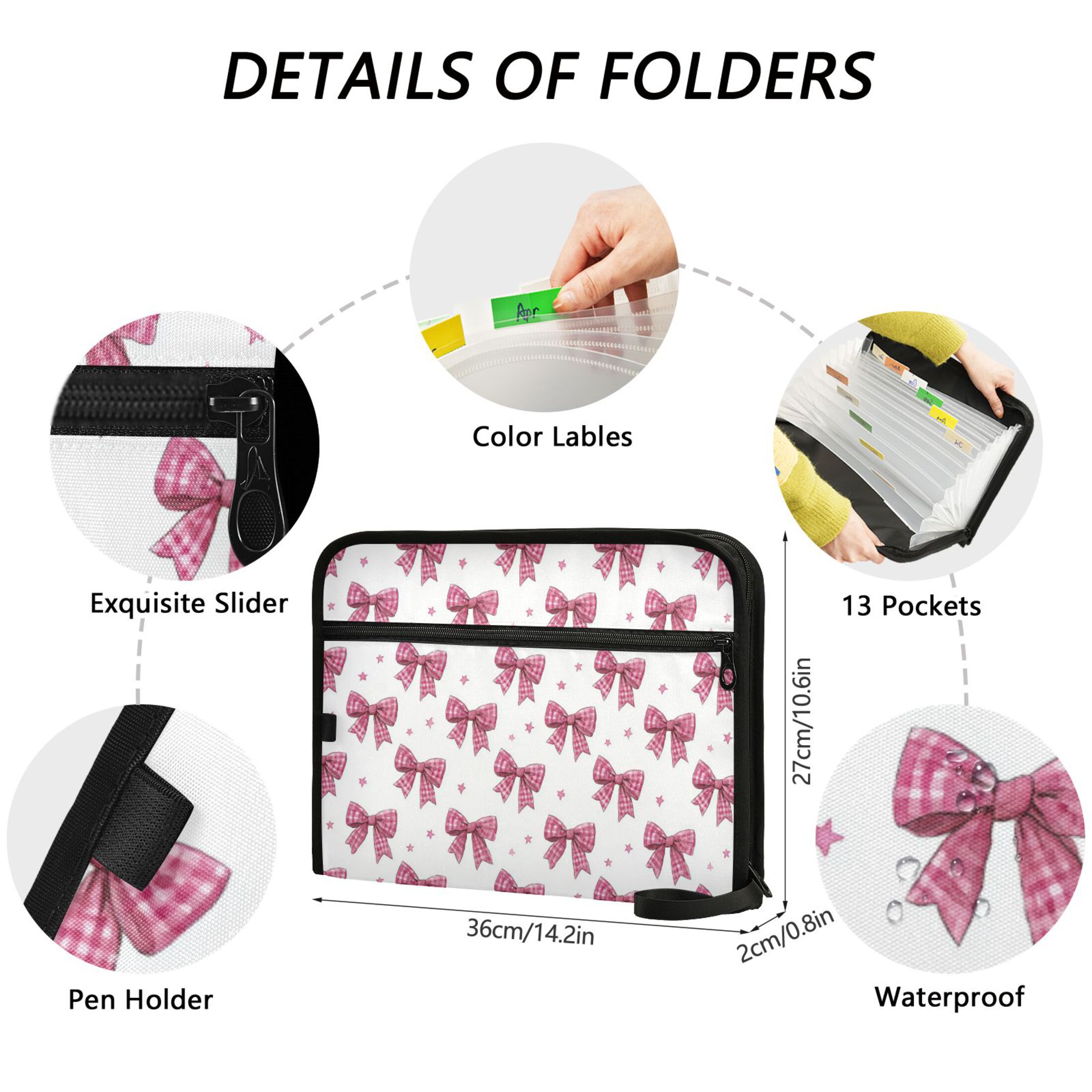 WOBOGO Pink Gingham Bows Expanding File Folder Letter Size Accordion Filing Organizer 13 Pocket Separate Organ Pocket