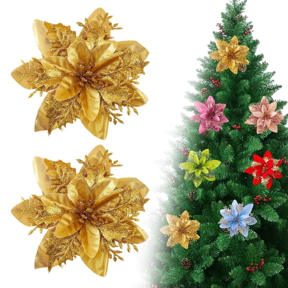 Christmas Poinsettia Flower Ornament, Artificial Gold Glitter Velvet Christmas Flowers, 3-Layer Sparkling Floral Decoration for Christmas Tree Wreath Garland Holiday Home Party Decor
