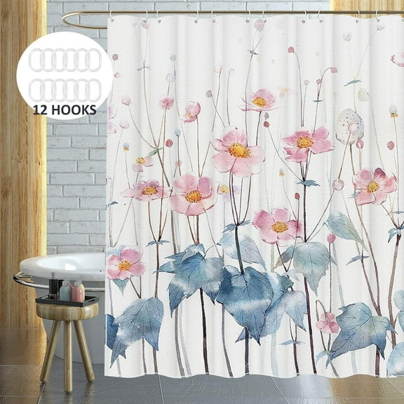 Zrodlmo White Floral Shower Curtain with Hooks, Water-Repellent Fabric Bathroom Curtain, 72"x 72", Blue Flower