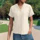 thumbnail image 2 of Camisa de punto jacquard holgada con cuello en V para mujer: manga corta, detalle de cordones, informal de verano, fácil de cuidar, 2 of 7