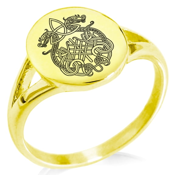 Stainless Steel Dragon Knot Skuld's Net Viking Rune Minimalist Oval Top Polished Statement Signet Ring
