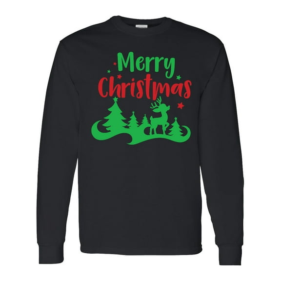 Inktastic Merry Christmas, Reindeer, Christmas Tree, Stars Long Sleeve T-Shirt