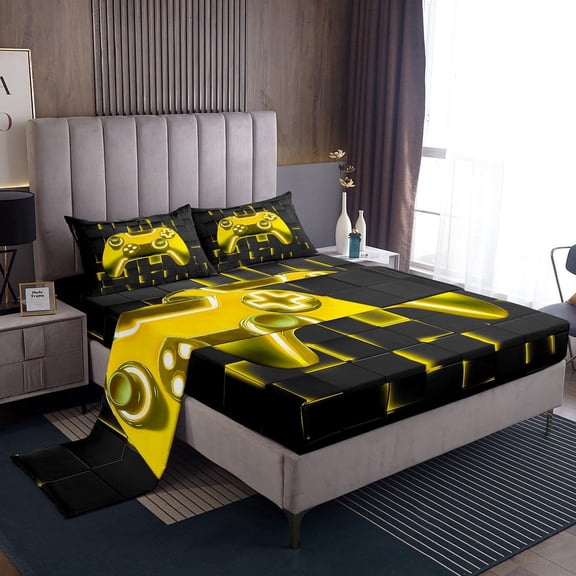 Erosebridal Gold Gamepad Twin Sheet Sets, Neon Light Geometric Square Bedding Twin Size, Gaming Bedroom Decor 3-Piece