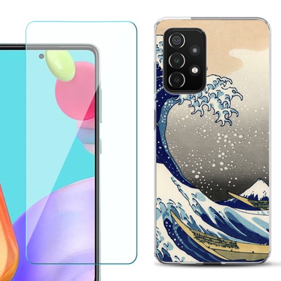 Slim-Fit Flexible Gel TPU Phone Case compatible with Samsung Galaxy A52 5G, with Tempered Glass Screen Protector, by OneToughShield ® - Great Wave