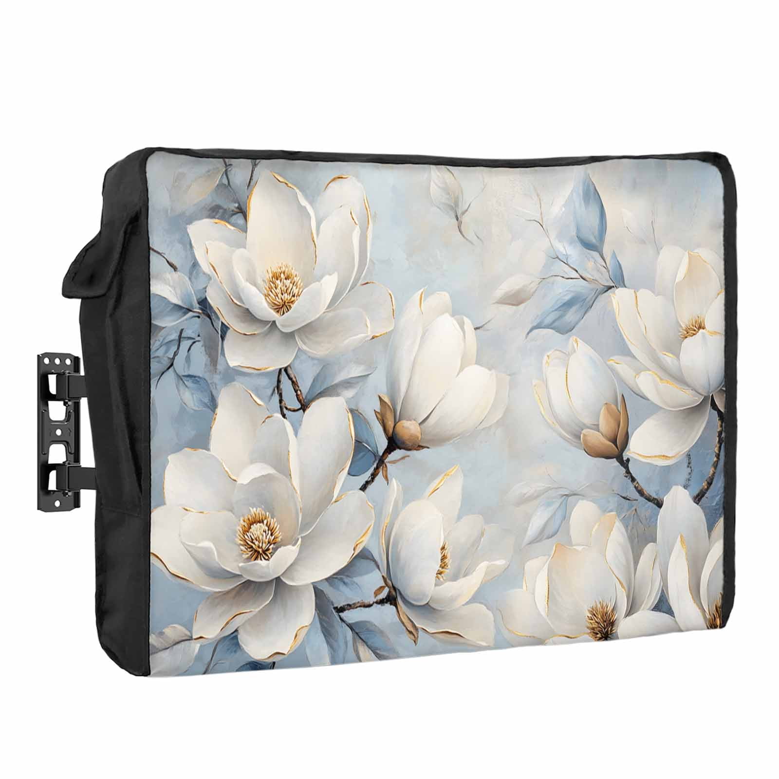 White Magnolia Outdoor TV Cover 60 to 65 inch Weatherproof Waterproof, Farmhouse Flowers TV Enclosures with Remote Control Pocket Flat Screen Protector for Outside