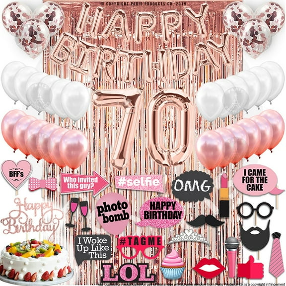 70th Birthday Decoration Rose Gold, 70 Party Supplies Decoration, 70th Sash, 70 Cake Topper, 70th Photo Props, Confetti Balloons, Curtain