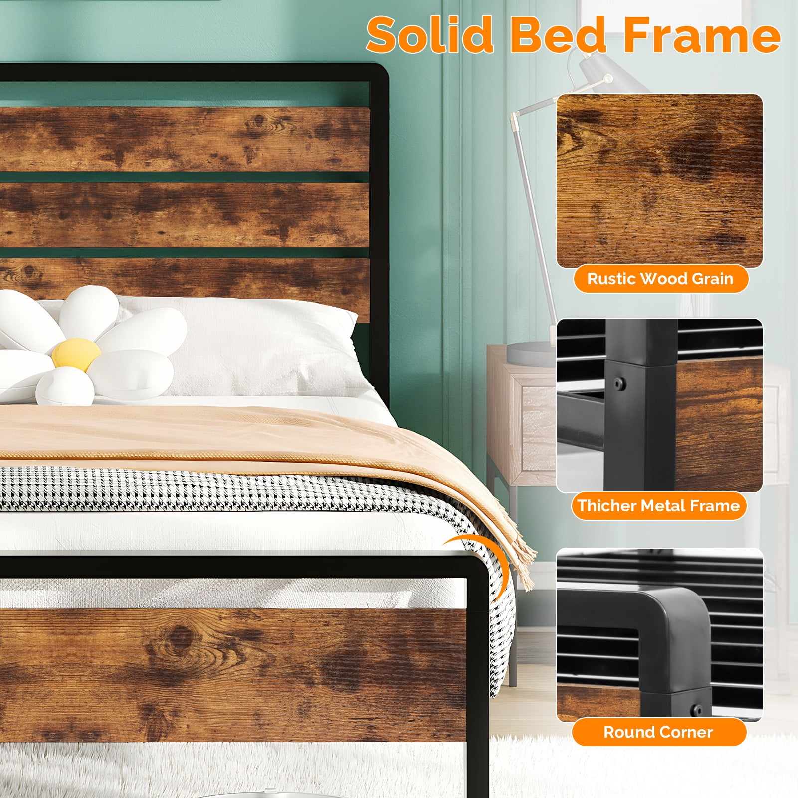 Ktaxon Full Size Bed Frame with LED Headboard & Footboard, Metal Platform Bed with Charging Station, Rustic Brown