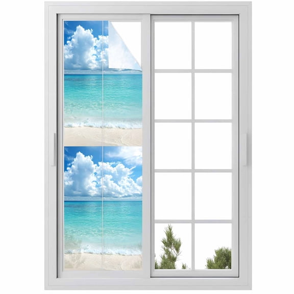 Ocean Blue Window Privacy Film, Beach Nature Coast Sea Shore Sky Seawater Static Cling UV Sun Blocking Heat Control Window Tint Day and Night, Non-Adhesive One Way Windows Privacy Cover 17.7''x78.7''