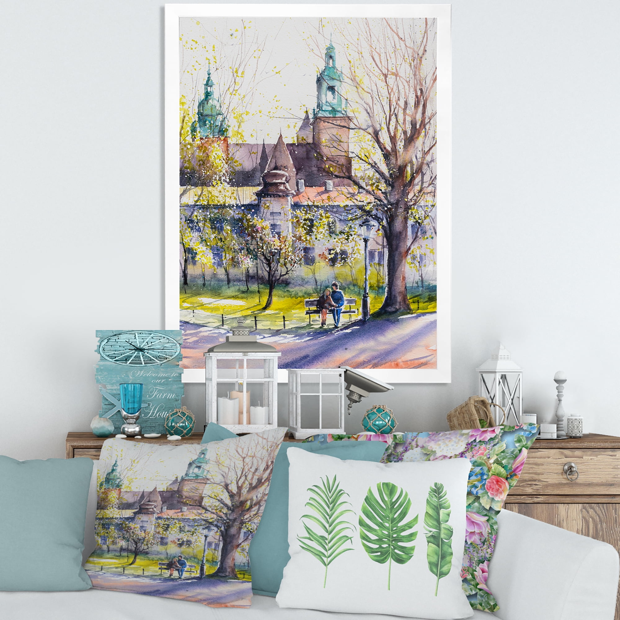 Designart 'Castel Through The Trees of The Park With Couple Sitting on Bench' Country Framed Art Print