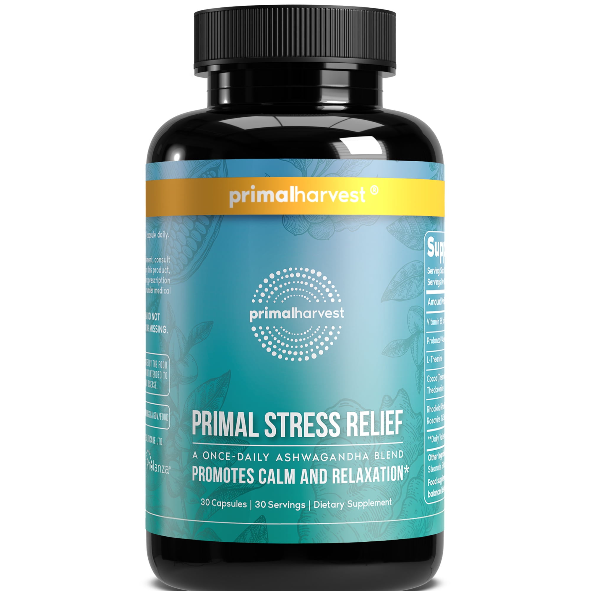 Stress Relief Supplement for Women and Men by Primal Harvest Pure Ashwagandha Root Extract, L-Theanine Supplements, 30 Capsules