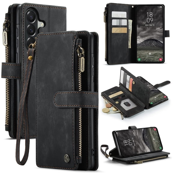 For Samsung Galaxy A57 5G Wallet Case with Card Slots, Leather Detachable Wristlet Strap 3-in-1 Zipper Pocket and Magnetic Flip Folio, RFID Blocking Card Holder Stand Case for Women and Men,Black