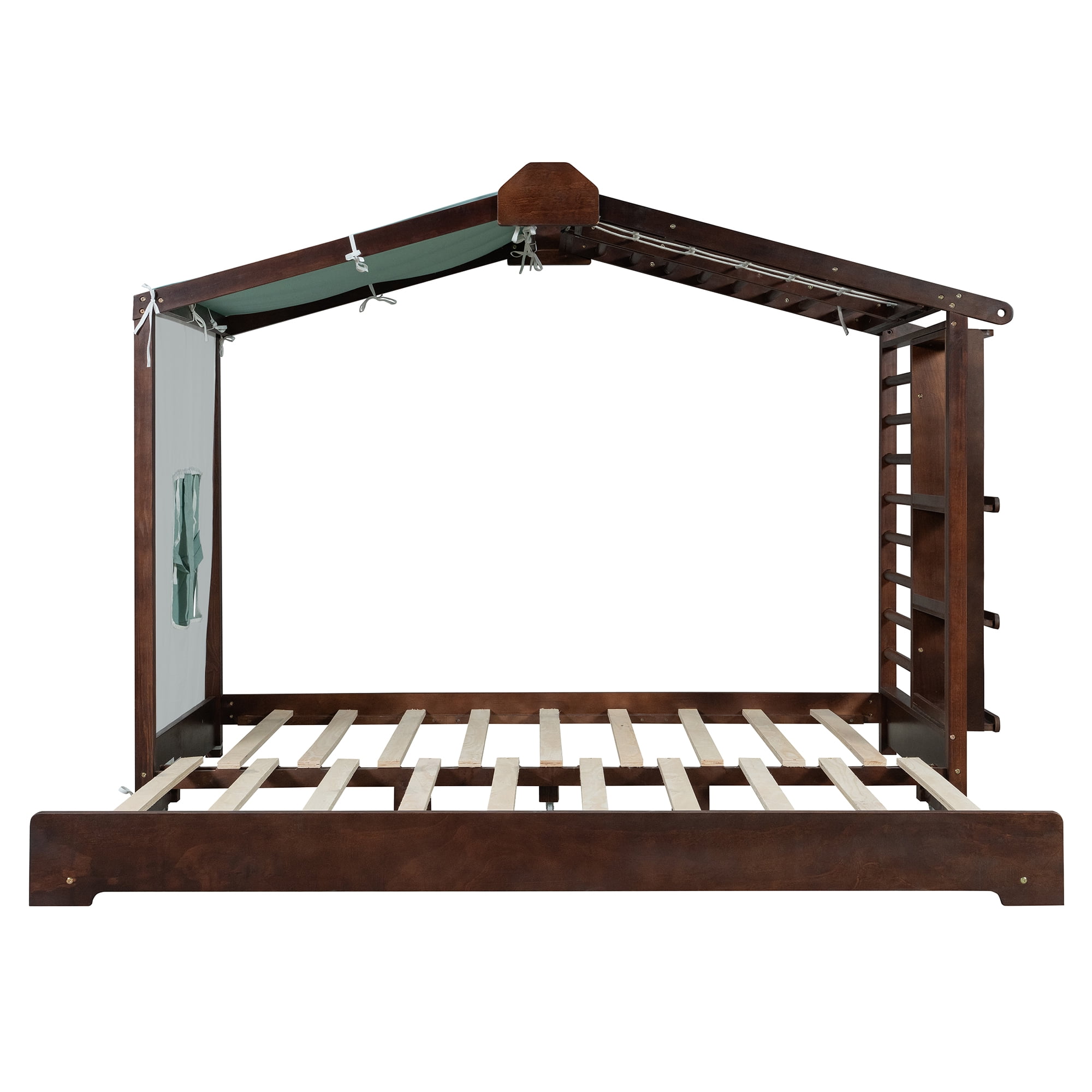 Twin Size House Bed with Twin Size Trundle and Side Shelves, Espresso