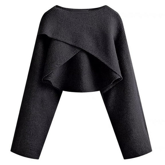 HNMKIU Cropped Sweaters For Women Short Knit Long Sleeve Solid Round Neck Irregular Hem Loose Pullover Top for Casual Style Black,One Size