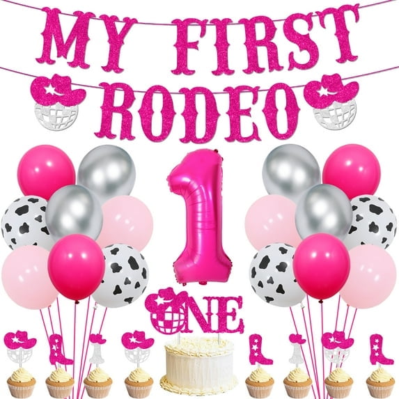 Space Cowgirl 1st Birthday Decorations, Western Disco First Rodeo Birthday Party Decorations, Rose Red Silver My First Rodeo Glitter Paper Banner Cake Toppers, Let’s Go Girls First Birthday Supplies