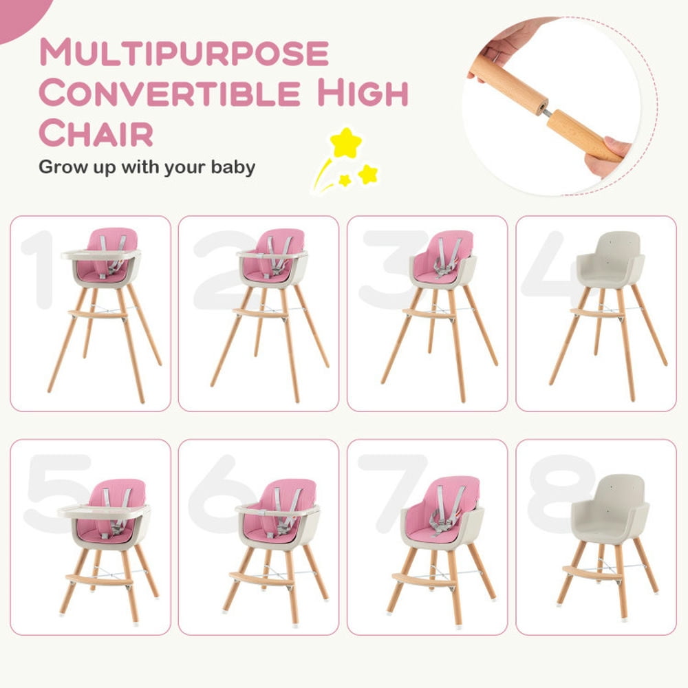 Yardi Yard 3-in-1 Convertible Wooden High Chair with Cushion-Pink, Compact and Portable High Chair, Foldable High Chair, High Chair