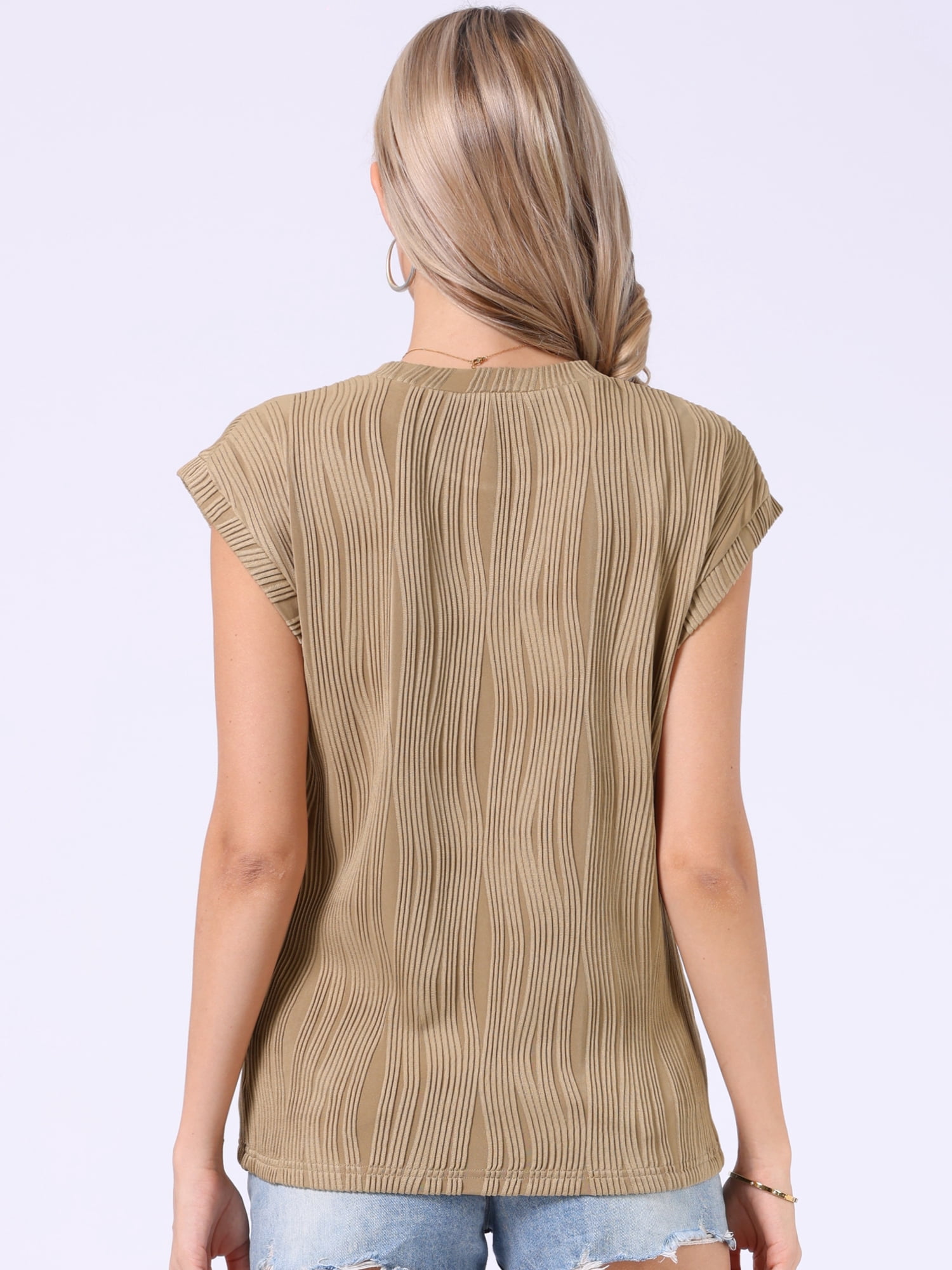DARING DIVA Women's Short Sleeve Crew Neck Textured Casual Shirts XL Khaki