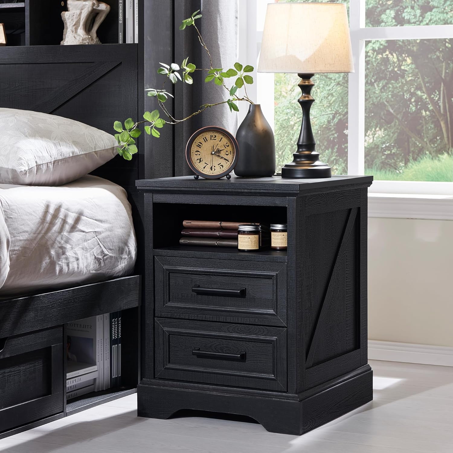 ACCOHOHO Nightstands Set of 2 with Charging Station, Rustic End Table with 2 Drawers Farmhouse Side Table with 3-tier Storage for Bedroom Living Room, Black
