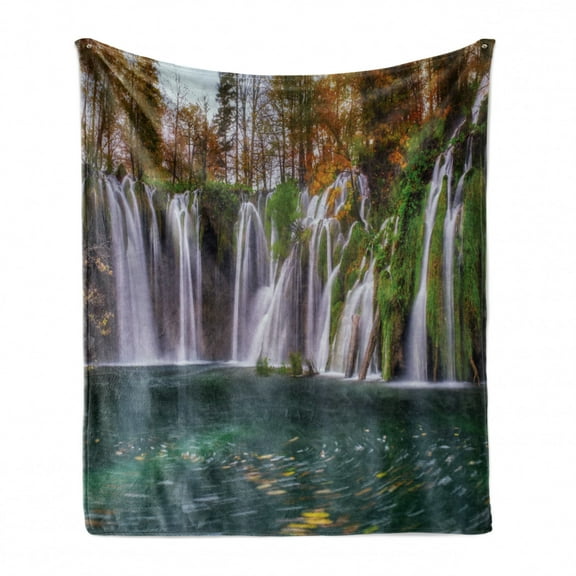 Croatia Soft Flannel Fleece Throw Blanket, Nature Photography of Plitvice Lakes National Park with Trees in Europe, Cozy Plush for Indoor and Outdoor Use, 60" x 80", Multicolor, by Ambesonne