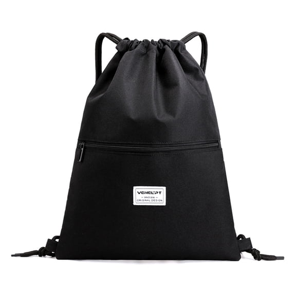 Drawstring Backpack Gym Backpacks Waterproof Draw String Back Sack With Zip Pocket Lightweight Bag Black
