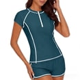 thumbnail image 5 of Xdegoge Swimsuits for Women Short Sleeve Mid Rise Rash Guard Two Piece Bathing Suits Smooth Color Block Zip Front Modest Boyshorts Surfing Water Sports, 5 of 5