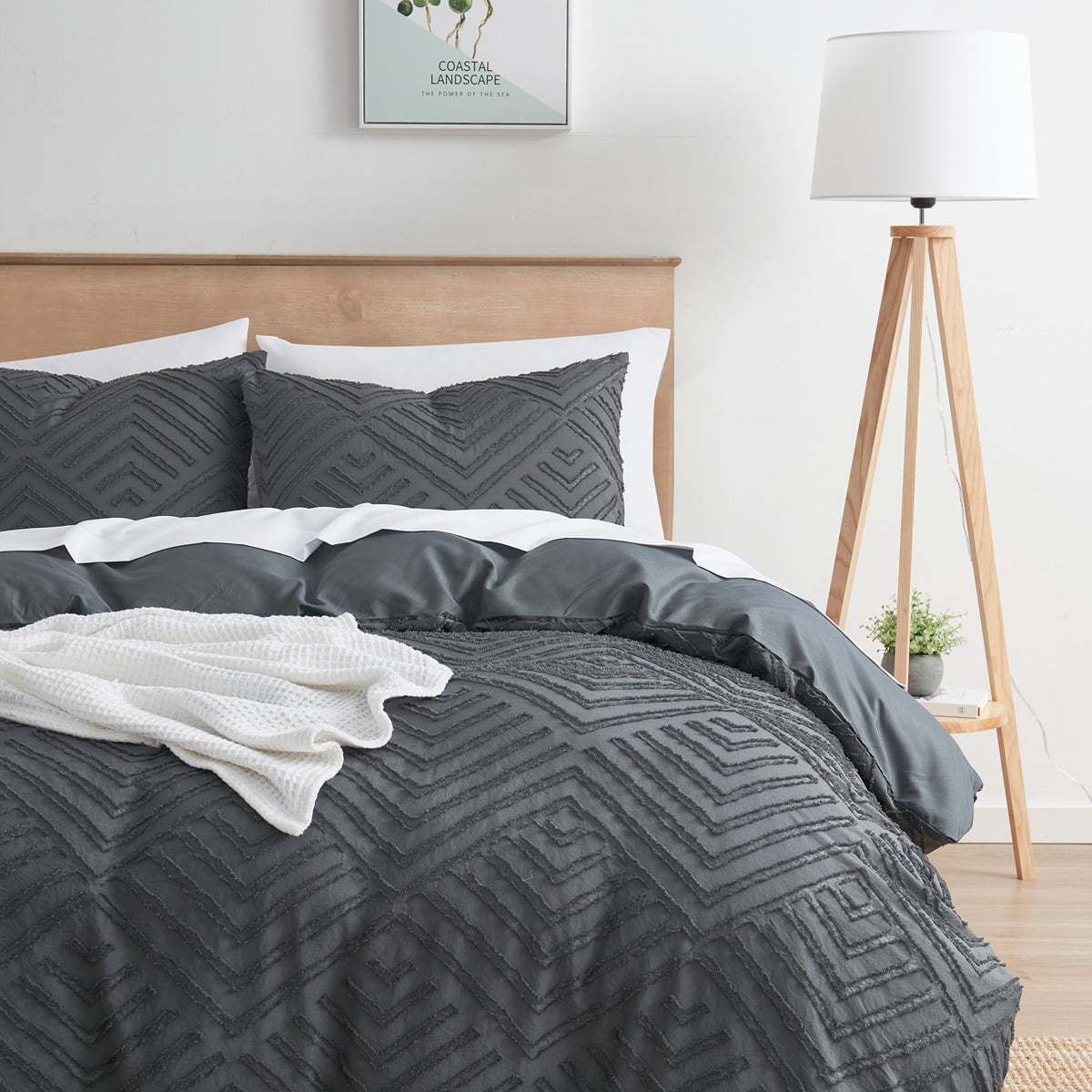 Nestl Boho 3 Piece Duvet Cover Set, Tufted Embroidery Double Brushed Duvet Cover with Button Closure with 2 Pillow Shams, Twin (68"x90") - Gray
