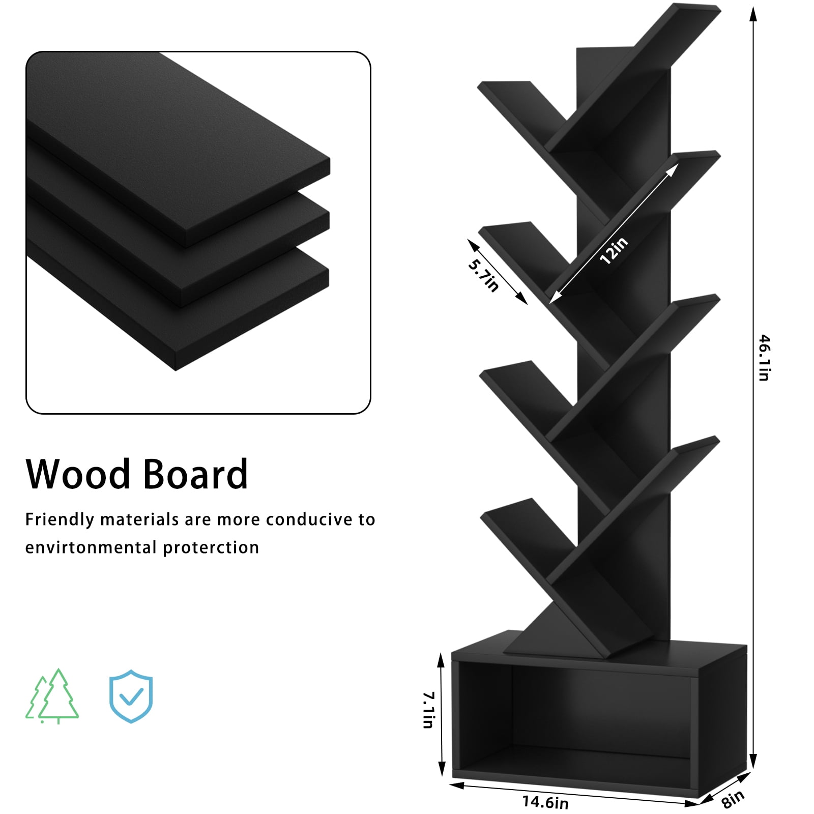 Modern Tree Bookshelf 8 Tier Zigzag Bookcase with Drawer, Vertical Storage Shelf for Books & Décor, Space-Saving Design, Black