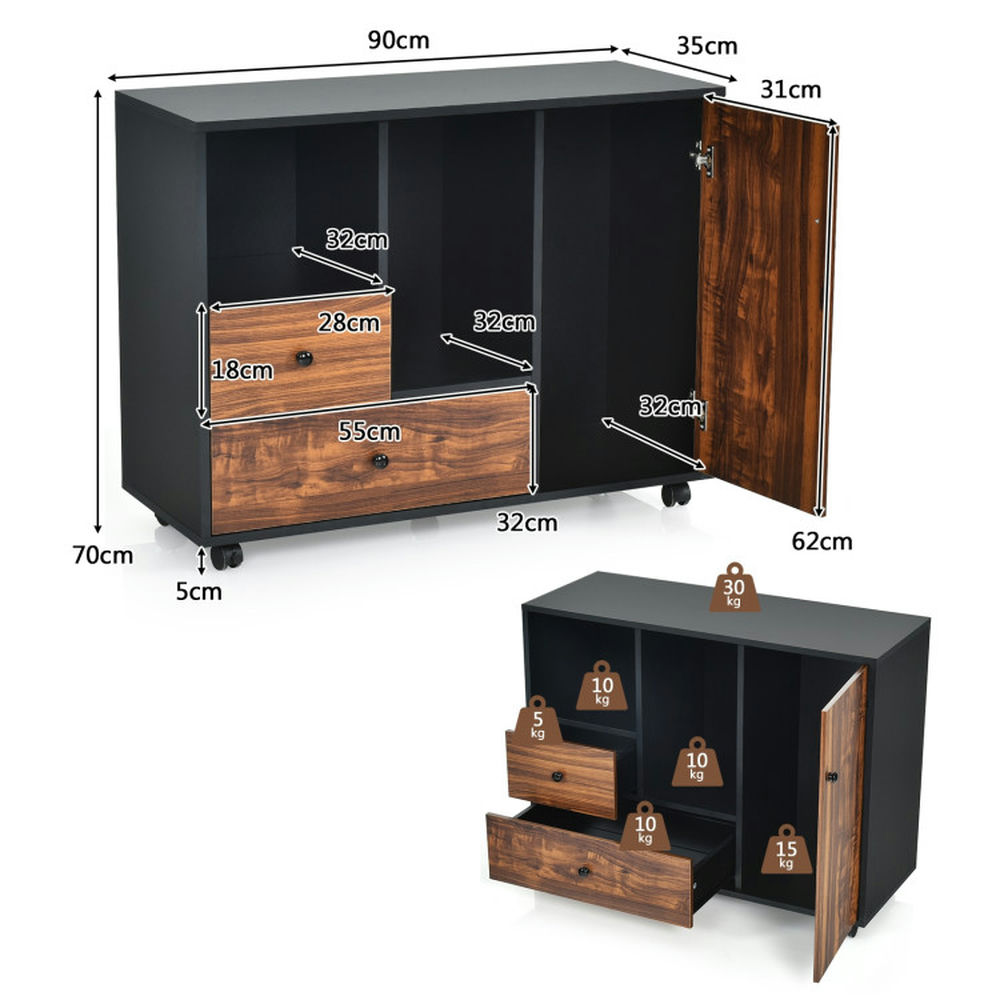 Demi Bonn 2 Drawers Mobile Filing Cabinet with 4 Wheels and Open Shelves for Home and Office, Black