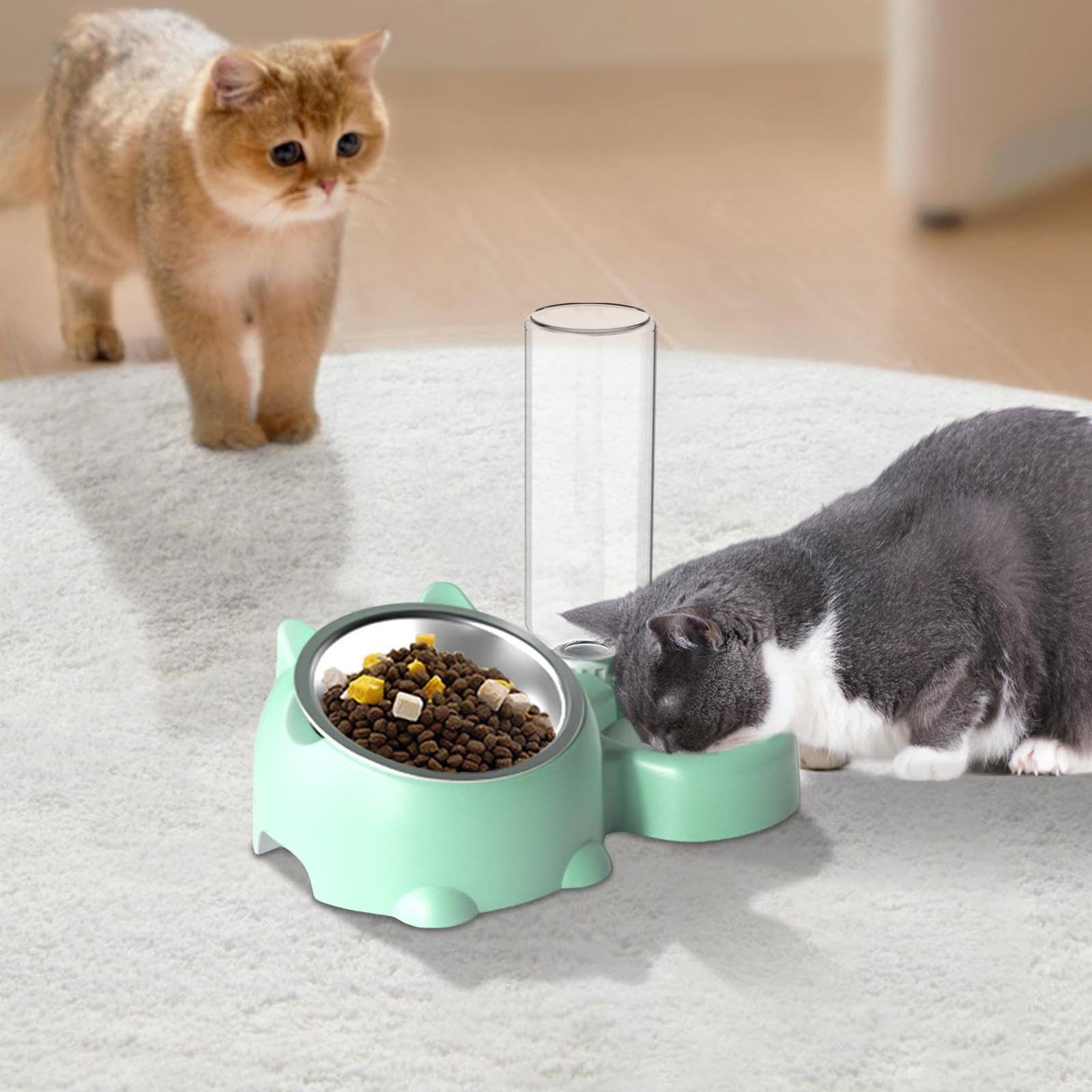 Double Pet Bowl Set with Automatic Water Dispenser - Stainless Steel Detachable Food & Water Bowls for Cats/Dogs - No-Spill Gravity Feeder for Puppies, Kittens & Small Pets