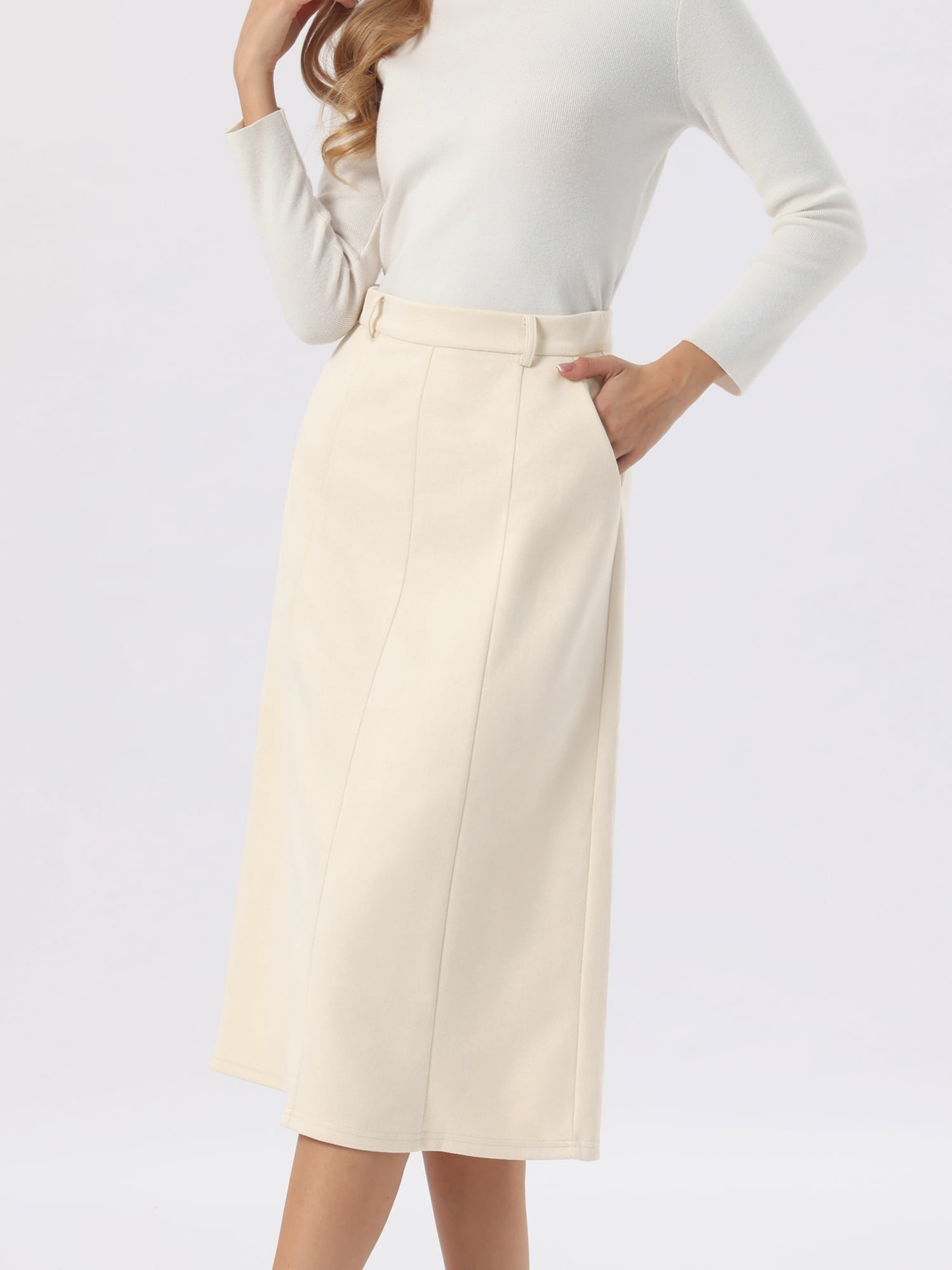 DARING DIVA Women's Faux Suede A Line Midi Skirt with Pockets Large Beige
