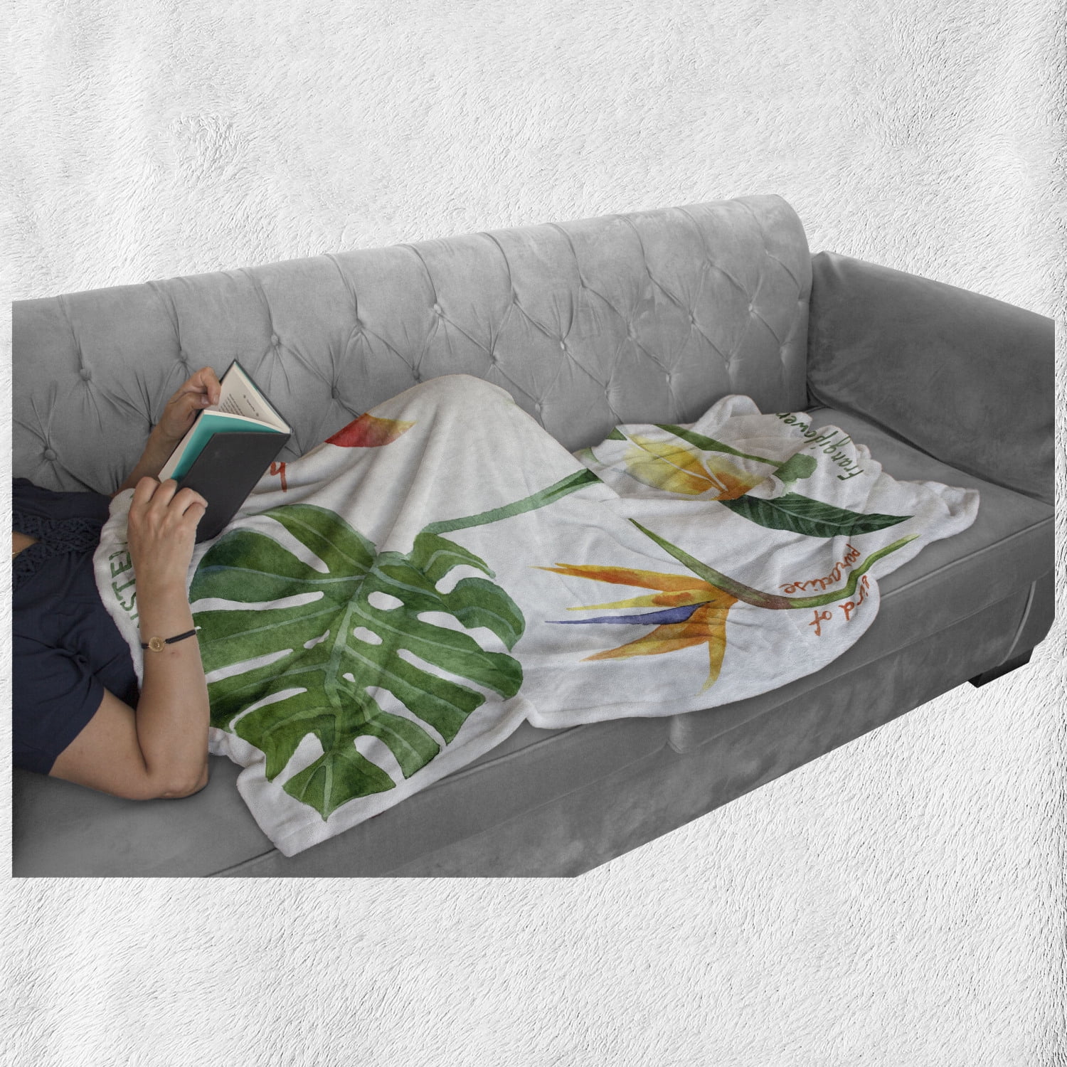 Ambesonne Plant Throw Blanket Earth Yellow and Fern Green 60 x 80 Bird of Paradise Palm Leaf and Assorted Exotic Flowers Watercolor Flannel Fleece Accent Piece Soft Couch Cover for Adults