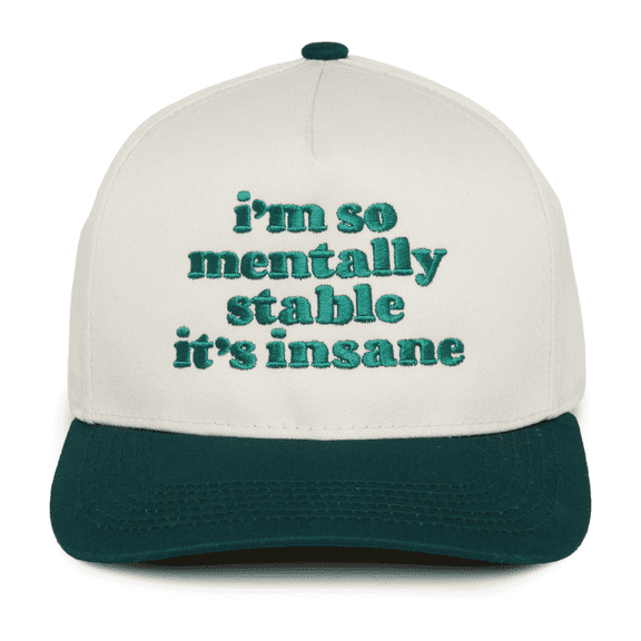 Funky Junque Two Tone Vintage Snapback Hat - I'm So Mentally Stable It's Insane - Green/Beige