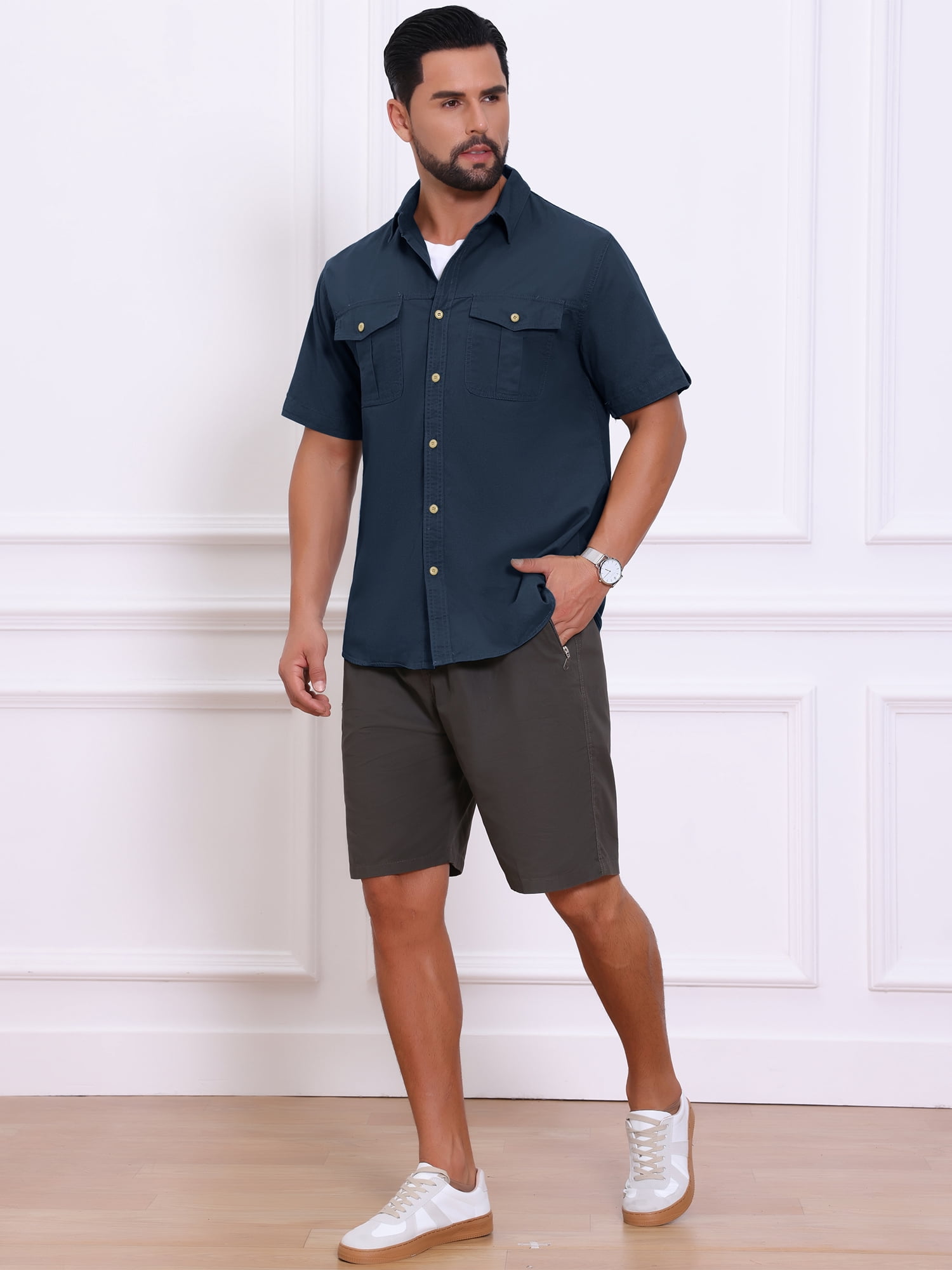 DARING DIVA Men's Fishing Shirt Summer Short Sleeve Hiking Cargo Shirts S Navy Blue