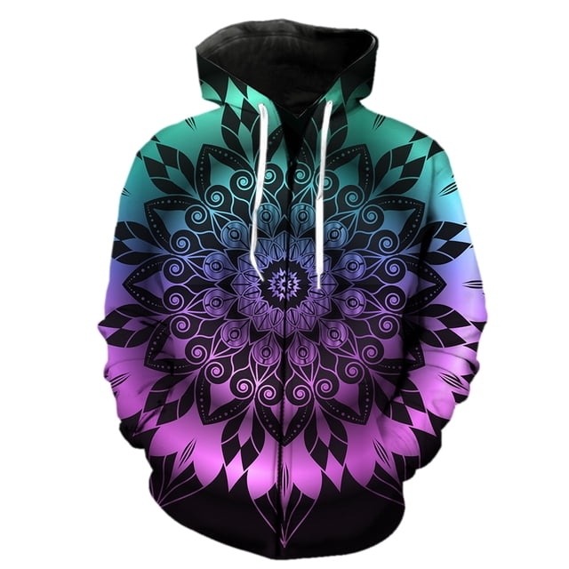 Sudadera con capucha y cremallera de mandala para hombre, con estampado 3D, estilo hip hop, informal, divertida, unisex, primavera 2024