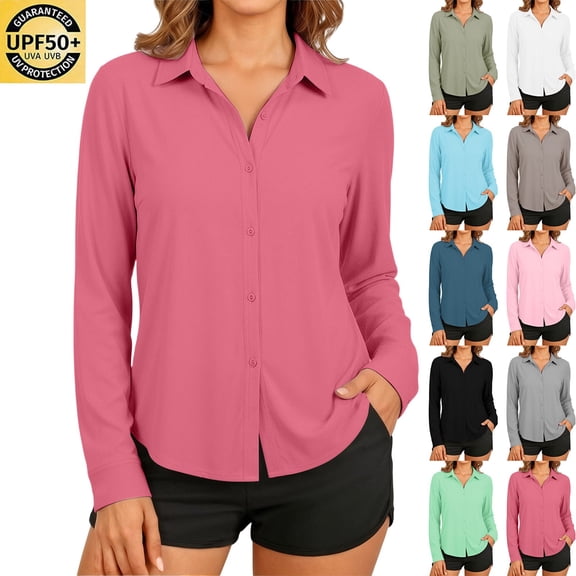 Sheghy Women's Tops Women's solid color casual long-sleeved sun protection shirt with collar Mint Green S