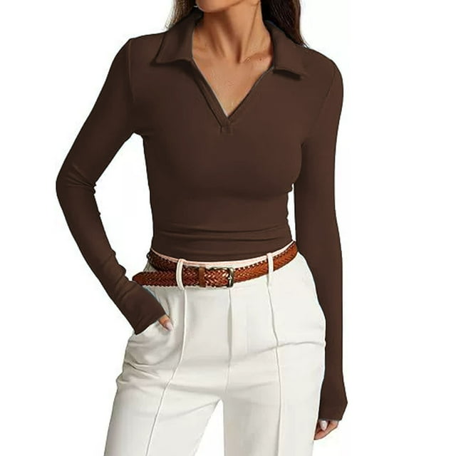 Hiiyo Polo à Manches Longues Col en V pour Femmes Coupe Ajustée T-Shirt Basique Décontracté (S-TG)