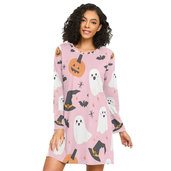FORMRS Womens Long Sleeve Nightgowns Crew Neck Sleep Shirt Soft Pajamas Sizes S-3XL, Pink Halloween Ghosts